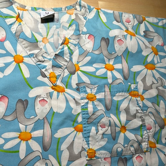 S.C.R.U.B.S. Blue Rabbit & Flower Patterned Scrub Top - Picture 2 of 5